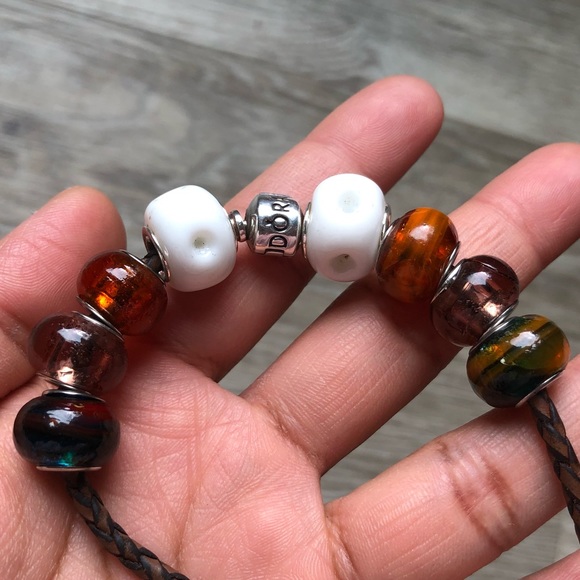 Pandora Brown Leather Bracelet Wrap Around Wrist Twice / Necklace with 11 Charms - Picture 4 of 13